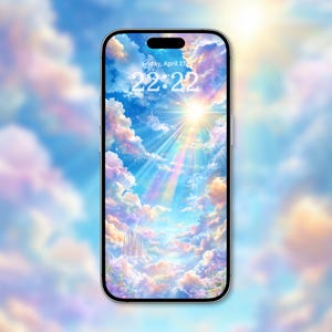 Może przedstawiać: Smartfon wyświetla cyfrowe dzieło sztuki przedstawiające niebiańską scenę. Obraz przedstawia jasne słońce, promieniujące światłem przez kolorowe chmury i wodospad. Godzina wyświetlana to 22:22 w piątek, 17 kwietnia.