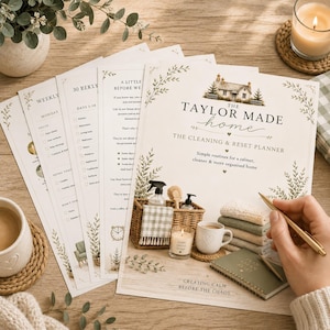 Op de afbeelding: Een schoonmaak- en resetplanner getiteld The Taylor Made Home, met een aquarelillustratie van een huis, een rieten mand met schoonmaakspullen, een mok en gestapelde handdoeken. De pagina's bevatten checklists voor wekelijkse en dagelijkse taken.