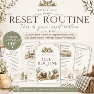 May include: A digital home reset routine planner featuring multiple pages with checklists for daily, weekly, and weekend tasks. The design includes watercolour illustrations of a house, plants, and household items with the text The Taylor Made Home.