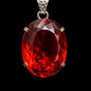 May include: A faceted, oval-shaped, red gemstone pendant with a silver-colored bail. The gemstone is a deep, vibrant red with multiple facets that catch the light. The pendant hangs against a black background.