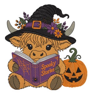 May include: An embroidered design of a fluffy Highland cow wearing a black witch hat adorned with purple and orange flowers. The cow holds an open purple book titled Spooky Stories with a spiderweb graphic, sitting next to an orange jack-o'-lantern.