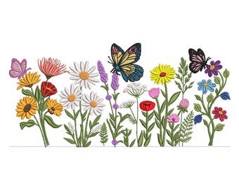 Può includere: Un disegno da ricamo che raffigura un prato colorato di fiori selvatici, tra cui margherite, girasoli, lavanda e papaveri. Due farfalle sono appoggiate tra gli steli, una gialla e blu, l'altra viola scuro e nera, su uno sfondo bianco.