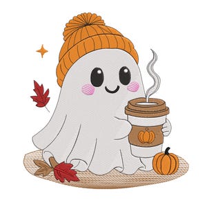 May include: An embroidered design of a white ghost wearing an orange knit beanie with a pom-pom, holding a steaming coffee cup with a pumpkin icon. The ghost has pink cheeks and is surrounded by red maple leaves, a small star, and a pumpkin.
