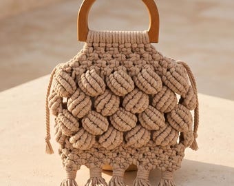 Beige Macrame Handbag | Cotton Rope Tote with Wooden Handles, Tassel Fringe