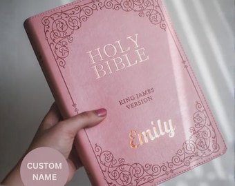 Personalized Pink Faux Leather KJV Bible: Large Print, Rose Gold Name