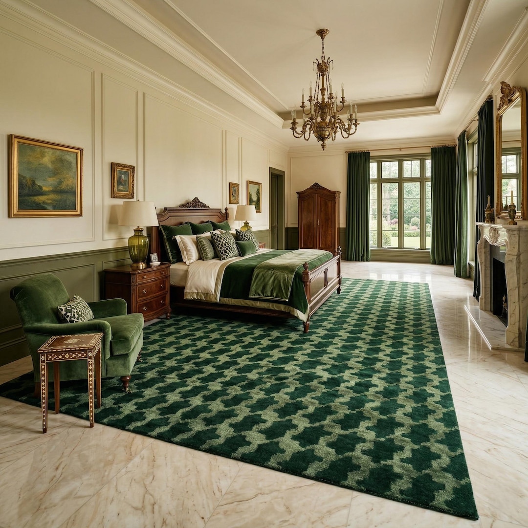 Executive Area Rugs Large 8x10 Green Geometric Area Rug - Luxury Wool Carpet for Executive ...