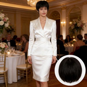 Svart texturerad pixieperuk med lugg - kort syntetiskt hårstycke med realistisk hårbotten