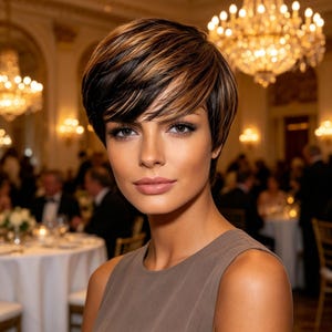May include: A woman with short, layered hair in shades of brown and blonde, styled with a side part. She is wearing a sleeveless, taupe-colored dress. The background features a formal event with chandeliers and tables.