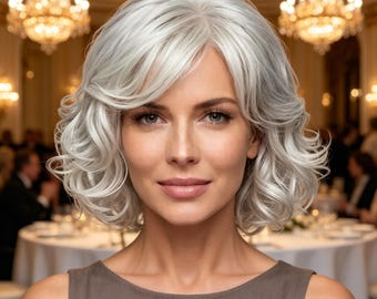 Customized labels,Silver White Wavy Bob Synthetic Wig for Women, Side Bang Short Curly Hair Wig, Heat Resistant Daily Party Cosplay