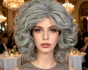 Etiquetas personalizadas, Cabelo cacheado volumoso cinza prateado para mulheres, Cabelo sintético curto e macio, Resistente ao calor para uso diário, festas formais, Cosplay elegante em cinza