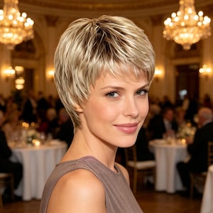 May include: A woman with short, layered blonde hair and a subtle smile. She is wearing a sleeveless, taupe-colored top. The background features a formal event with chandeliers and tables.