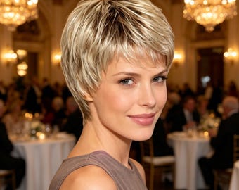 Customized labels,Blonde Pixie Cut Wig, Short Layered Synthetic Wig, Heat Resistant, Natural Looking, Daily Party Hair for Women