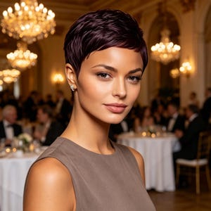 Puede incluir: Una mujer con cabello corto y borgoña oscuro y un vestido sin mangas marrón. Lleva pequeños pendientes brillantes. El fondo muestra un evento formal con candelabros y personas con vestimenta formal.