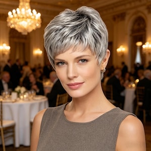 Puede incluir: Una mujer con cabello corto, plateado y en capas, y una blusa marrón sin mangas. Lleva pequeños pendientes de aro y tiene un maquillaje suave y natural. El fondo es una imagen borrosa de un evento formal con mesas y una lámpara de araña.