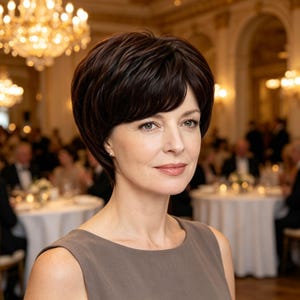 May include: A woman with short, dark brown hair and a side-swept bang. She is wearing a sleeveless, taupe-colored dress. The background shows a formal event with chandeliers and tables.