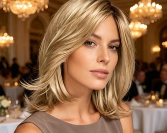 Customized labels,Champagne Blonde Layered Bob Wig – Natural Face Framing Synthetic Hair, Heat Resistant, Chic Short Wavy Style for Women