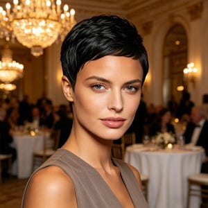 Puede incluir: Retrato de una mujer con cabello corto y oscuro, vestida con un vestido de tono neutro. El fondo presenta un evento formal con candelabros y mesas, lo que sugiere una gala o una reunión de lujo.