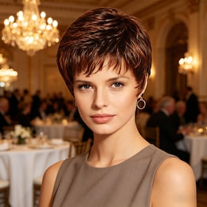 May include: A woman with short, layered, auburn-brown hair and a neutral-coloured dress. She is wearing small gold hoop earrings. The background shows a formal event with chandeliers and tables.
