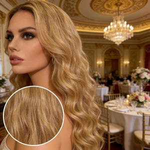 Puede incluir: Una mujer con cabello largo y rubio ondulado. El cabello está peinado con rizos sueltos y tiene reflejos. El fondo muestra un evento formal con mesas preparadas para una comida, una lámpara de araña y arreglos florales.