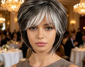 Spersonalizowane etykiety, peruka z krótkim bobem Salt & Pepper Highlight dla kobiet, syntetyczna, odporna na ciepło, warstwowa peruka pixie, naturalna, codzienna, walentynkowa impreza