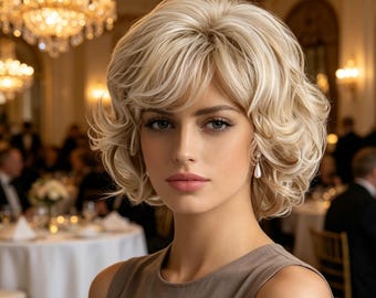 Customized labels,Light Ash Blonde Wavy Bob Wig with Bangs, Synthetic Heat Resistant Wig for Women, Natural Looking Short Wig for Daily Wear