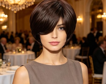 Peruca Bob curta em camadas castanho-escura para mulheres, com franja lateral, resistente ao calor e feita de material sintético. Ideal para uso diário em festas e ocasiões especiais. Substitui o cabelo natural.