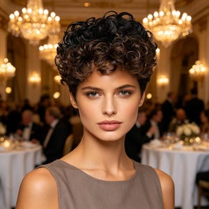 Kundenspezifische Etiketten, kurze lockige schwarzbraune synthetische Perücke, hitzebeständige Pixie-Schnitt-Perücke, natürliche tägliche Party-Perücke für Frauen