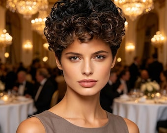 Customized labels,Short Curly Black Brown Synthetic Wig, Heat Resistant Pixie Cut Wig, Natural Daily Party Wig for Women