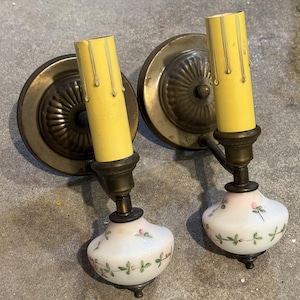 Pair vintage retro 1960's candle socket sconce light fixtures hand painted roses