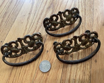 Set 3 antique Victorian era 3" centers bail pull handles with decorative brass back