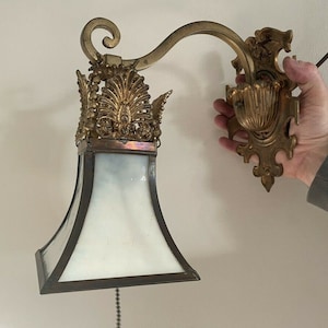 Pair unique rare Arts & Crafts sconce light fixtures slag glass shades rewired