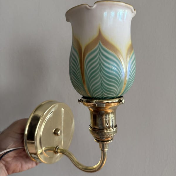 Antique vintage one of a kind sconce light fixture Savoy art glass shade polished brass
