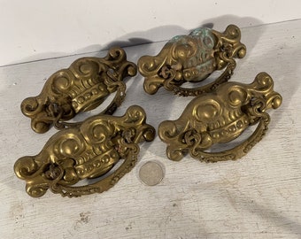 Set 4 antique Victorian era dresser bail pull handles brass 3" centers