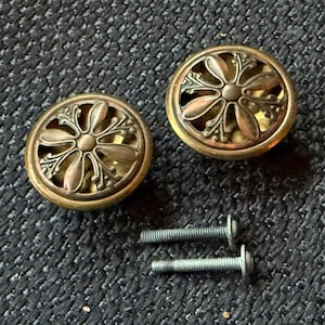 May include: Two antique brass cabinet knobs with a floral design, each with a matching screw. The knobs have a circular shape with a detailed, openwork pattern. The brass has a warm, aged patina, suggesting vintage or antique hardware.