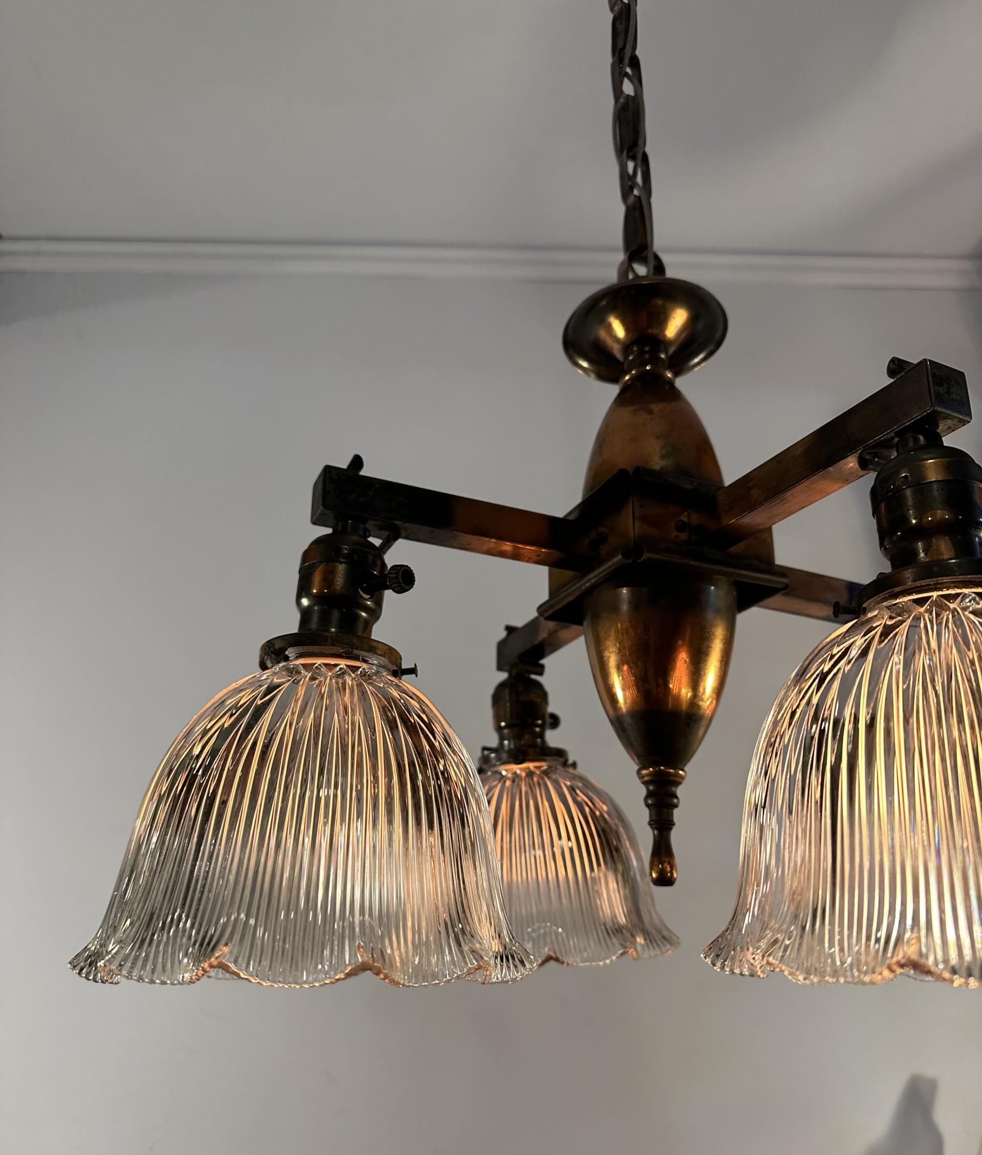 Antique Victorian japanned copper Wakefield chandelier light fixture w/ E-60 Holophane shades