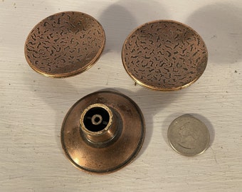 Set 3 "copper" atomic age dish knobs with faux hammered textured finish 2" diameter