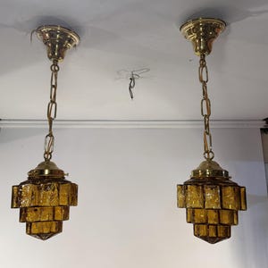 Pair antique vintage Art Deco amber crackle shades brass 3 1/4&quot; fitter light fixtures