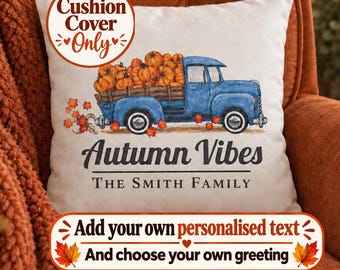 Personalisierter Kissenbezug mit Kürbis-Truck-Motiv – Familienname 45 x 45 cm (nur Bezug)