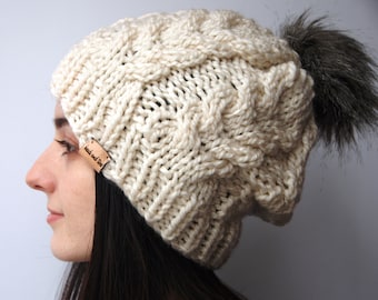 Hand Knit Chunky Cabled Toque with Pom Pom