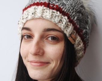 Hand Knit Sock Monkey Cabled Hat with Faux Fur Pom