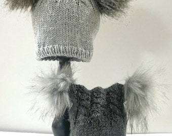 Hand-Knitted Cat Hat, Double Pom Pom Toque, Cabled Detail