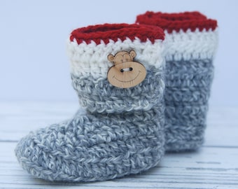Hand Crocheted Wool Sock Monkey Booties, Custom Baby Gift