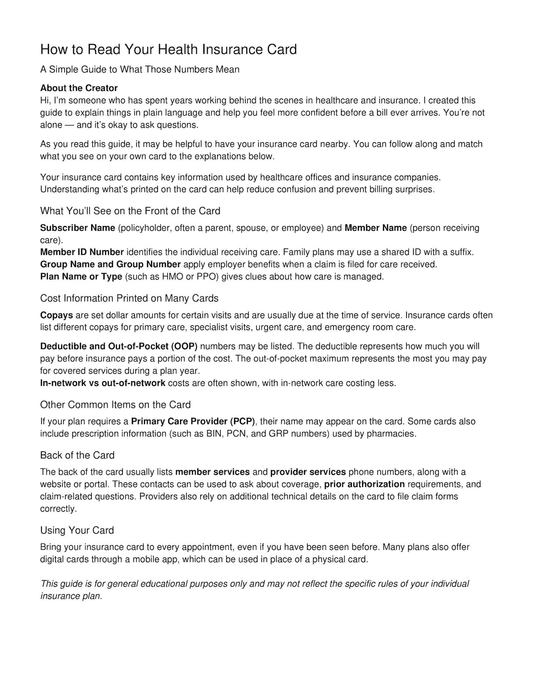 How to Read Your Health Insurance Card-plain-language Guide (PDF) - Etsy