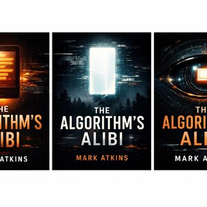 May include: Three book covers for "The Algorithm's Alibi" by Mark Atkins. Each cover features a dark background with orange and white text. One shows an e-reader, another a bright light, and the last an eye.