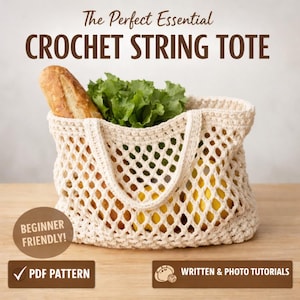 Patrón de crochet para bolsa de compras de hilo esencial (PDF) / Bolsa de mercado para principiantes / Bolsa reutilizable para comestibles / Descarga instantánea