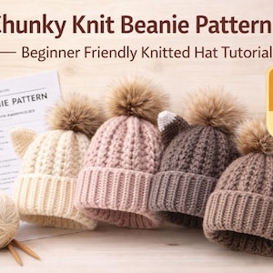 May include: Four knitted beanies in cream, pink, brown, and taupe, each with a fluffy pom-pom. The image includes a ball of yarn, knitting needles, and a pattern sheet. Text reads "Chunky Knit Beanie Pattern PDF - Beginner Friendly Knitted Hat Tutorial".