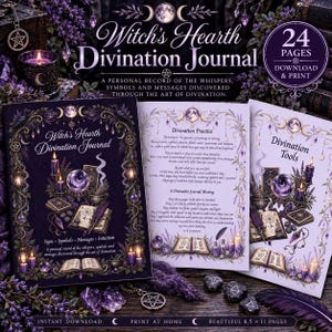 May include: A 24-page Witch's Hearth Divination Journal with purple and black illustrations of crystal balls, candles, and books. The cover and interior pages feature text about divination, signs, symbols, and messages. Includes 8.5 x 11 inch pages.