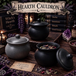 May include: Three round cauldrons with lids, two in matte black and one in textured gray. A banner at the top reads Hearth Cauldron, and a small paper card in the foreground features the text Handcrafted with Intention.