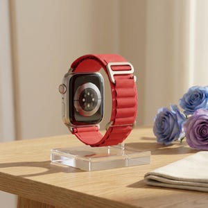 Op de afbeelding: Een zilverkleurige smartwatch met een felrode stoffen band met een metalen gesp, gemonteerd op een doorzichtige acryl displaystandaard. De horlogekast toont een cirkelvormige sensor aan de achterkant en de band heeft een geribbelde textuur.