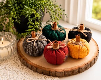 May include: Five small fabric pumpkins in black, dark green, red, yellow, and a black and white patterned fabric. Each pumpkin features a cinnamon stick stem tied with a piece of jute twine, arranged together on a round wooden slice.